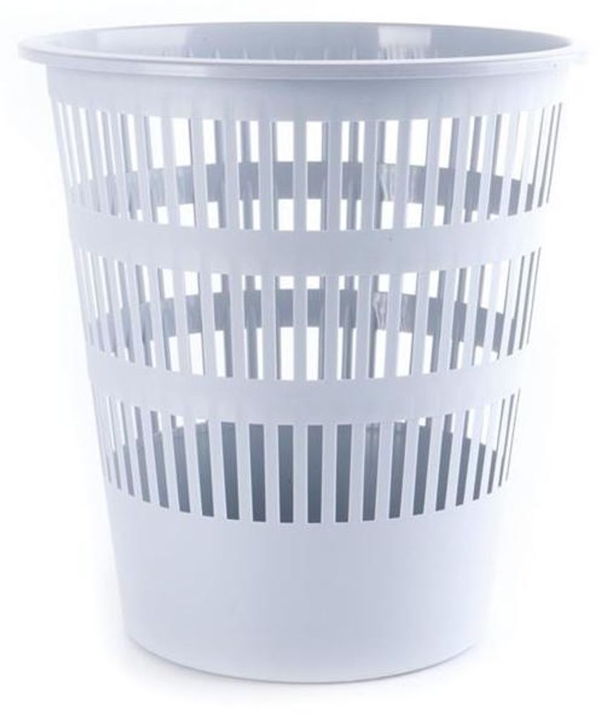 A white plastic trash can with a slatted design.