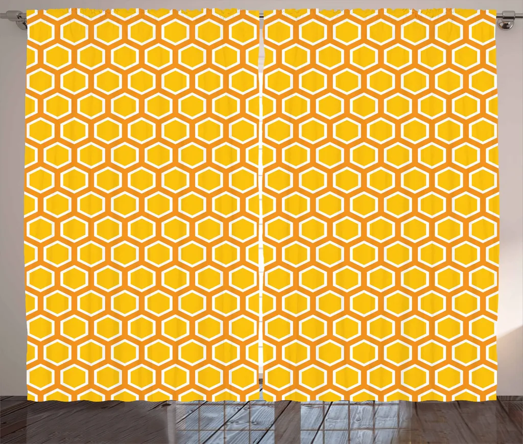 ABAKUHAUS Ape Tenda rustica, motivo geometrico a nido d'ape, soggiorno Nastro universale Tende con passanti e ganci, 280 x 175 cm, giallo calendula