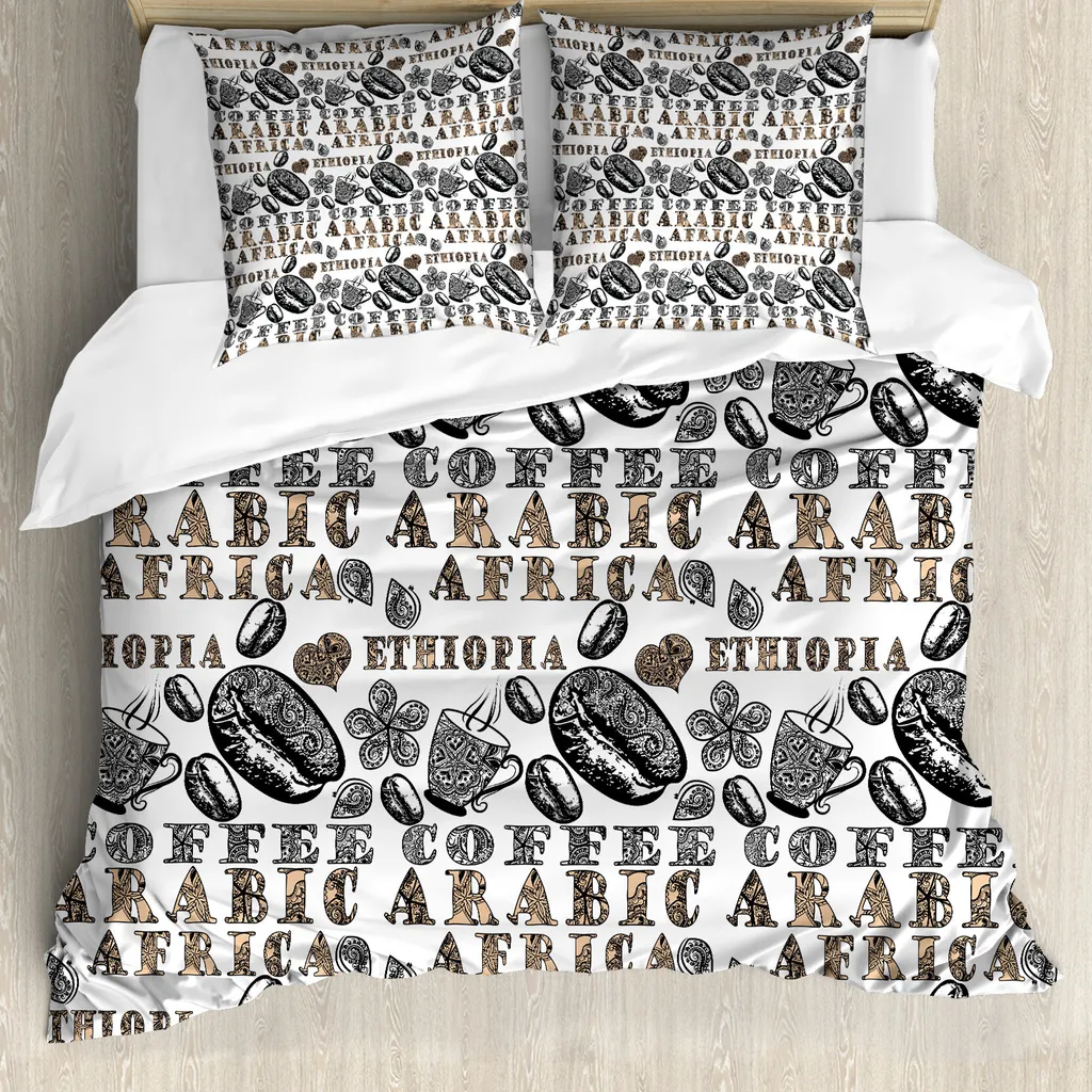 ABAKUHAUS Set copripiumino etnico per letti matrimoniali, chicchi di caffè arabi, antiacaro, adatto a chi soffre di allergie, con federe, marrone sabbia, nero e grigio