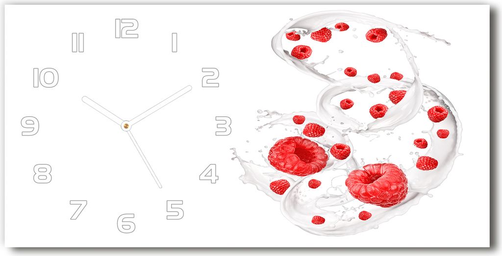 Wanduhr aus Glas – 60x30 cm - Glasbild - Glasuhr - Gehärtetes Glas - weisse-zeiger - Himbeeren mit Milch