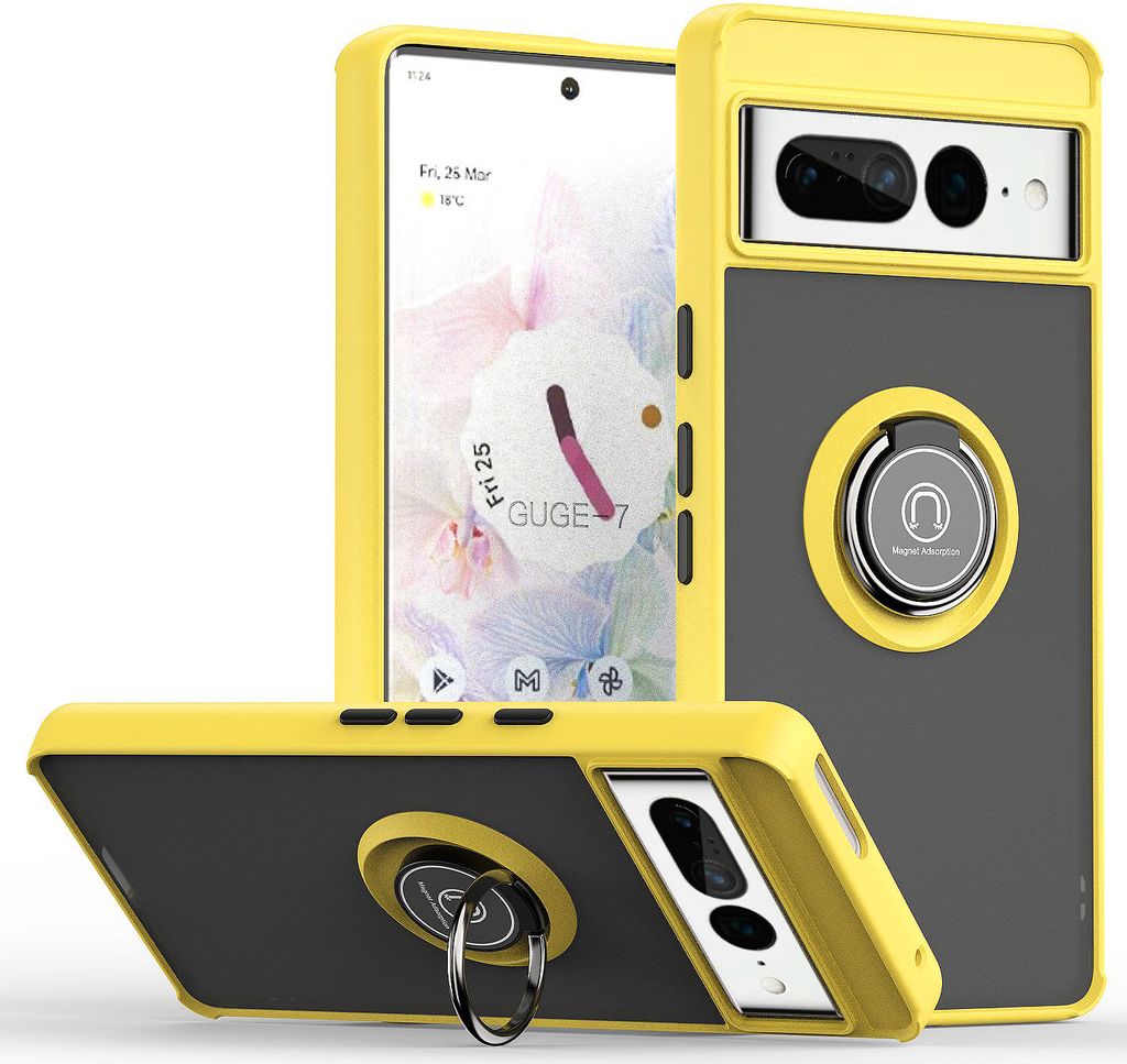 Google Pixel 7 Pro Hülle, Ring Halter Ständer Matte Transluzent TPU Rahmen Stoßfest Schutzhülle für Google Pixel 7 Pro Gelb