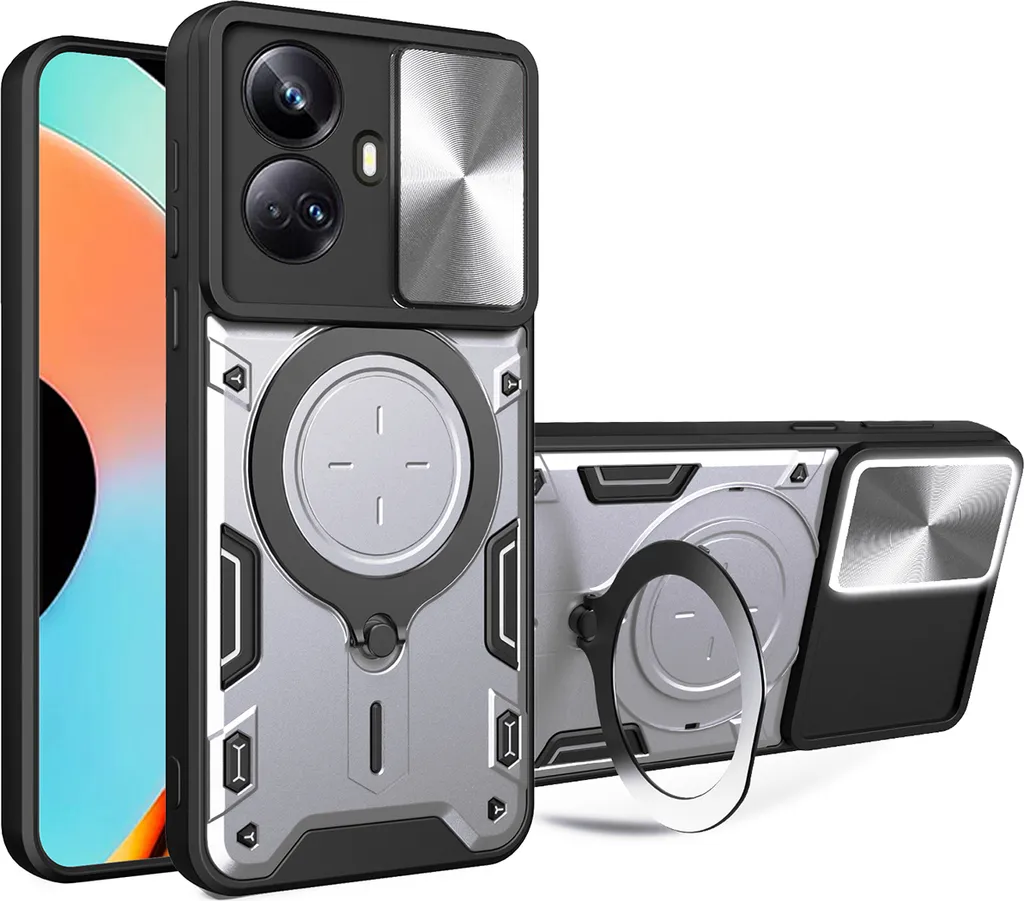 Custodia Antiurto Realme 10 Pro+ Argento - Pratica con Anello e Slider