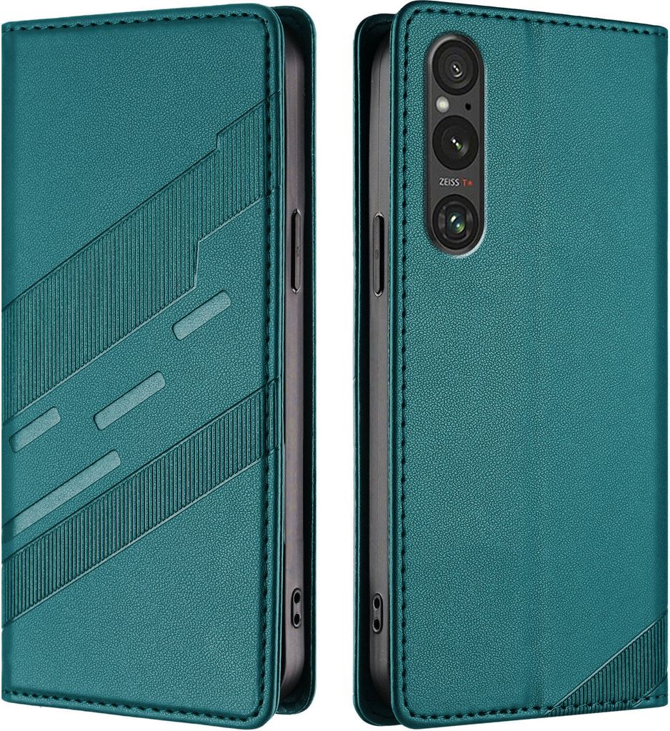 Hülle für Sony Xperia 1 V, Kunstleder Brieftaschen Handyhülle mit Kartenfach und Standfunktion Grün