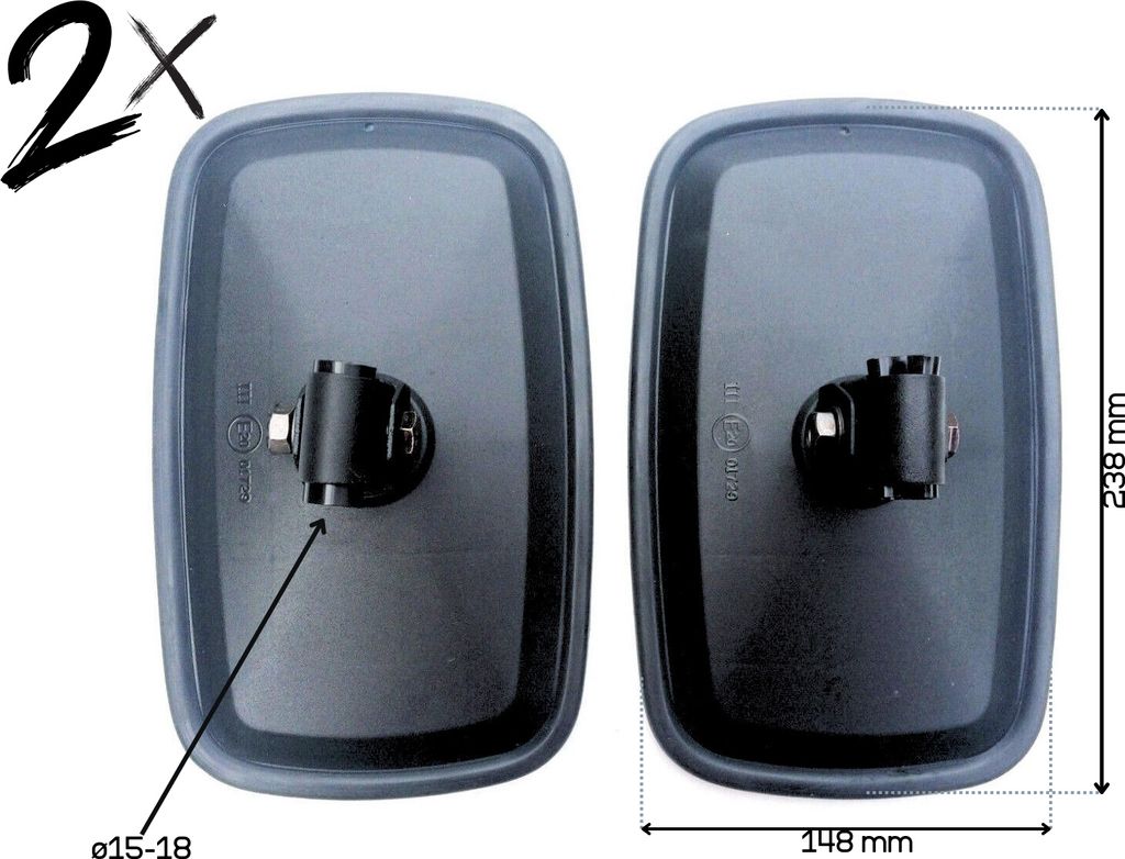 Two black truck mirrors are shown side-by-side with dimensions indicated.