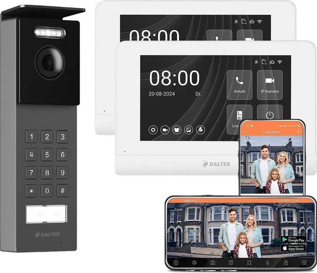 BALTER ENTRI S Aufputz Video Türsprechanlage mit Full HD Kamera und PIN Code Tastatur inkl. 2-Draht 2x 7 Zoll WiFi HD Monitor Smartphone App für ...