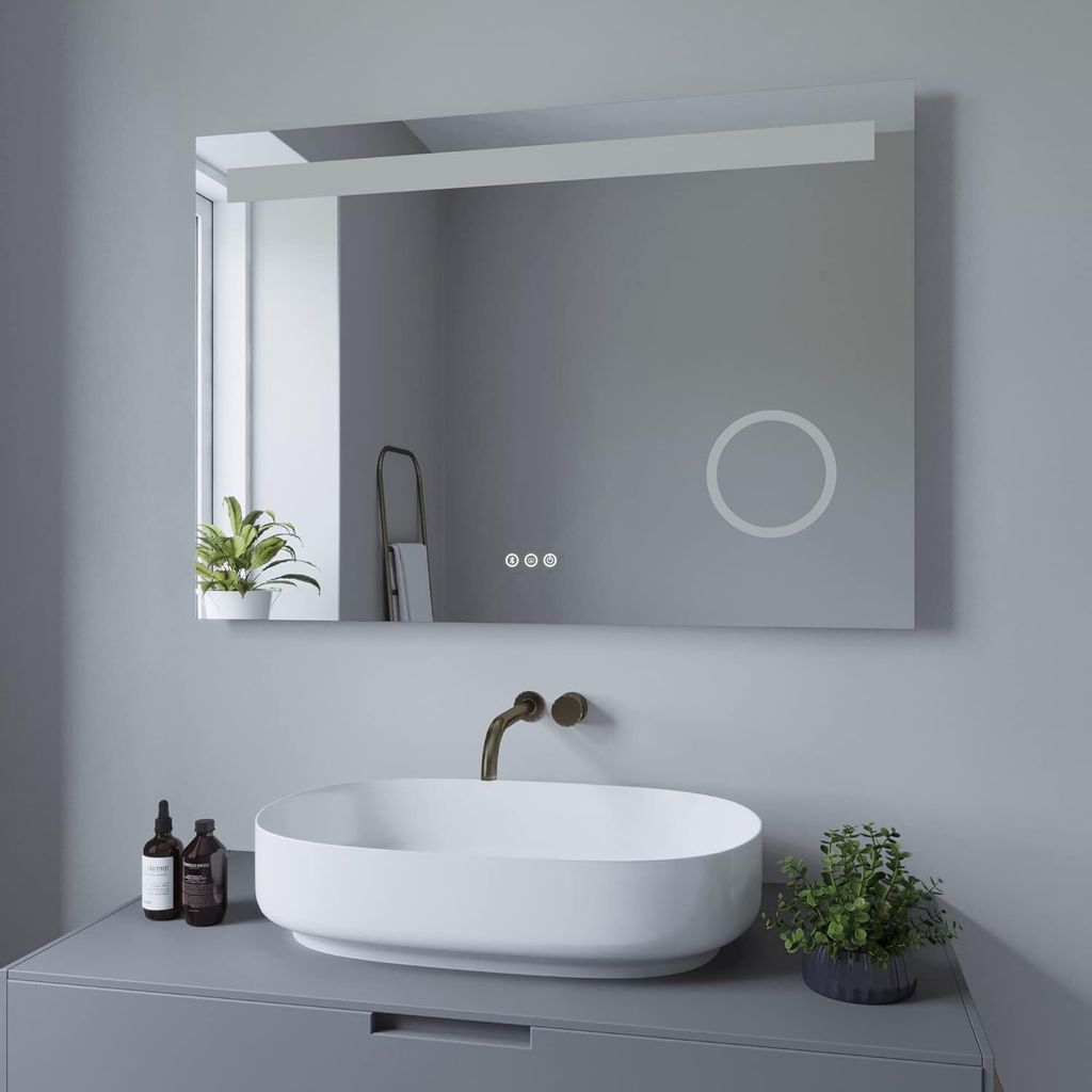 Wand Badezimmerspiegel mit Beleuchtung Schminkspiegel Kosmetikspiegel 3xVergrößen Wandspiegel Silber 100x70cm Kaltweiß Bluetooth Lautsprecher