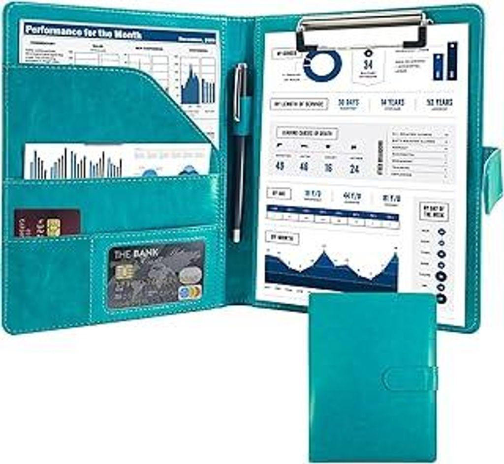 Schreibmappe A5 Klemmbrett Mappe mit Magnetischer Verschluss, organizer büro mappe, Türkis Ordner, Dokumentenmappe für Unternehmen