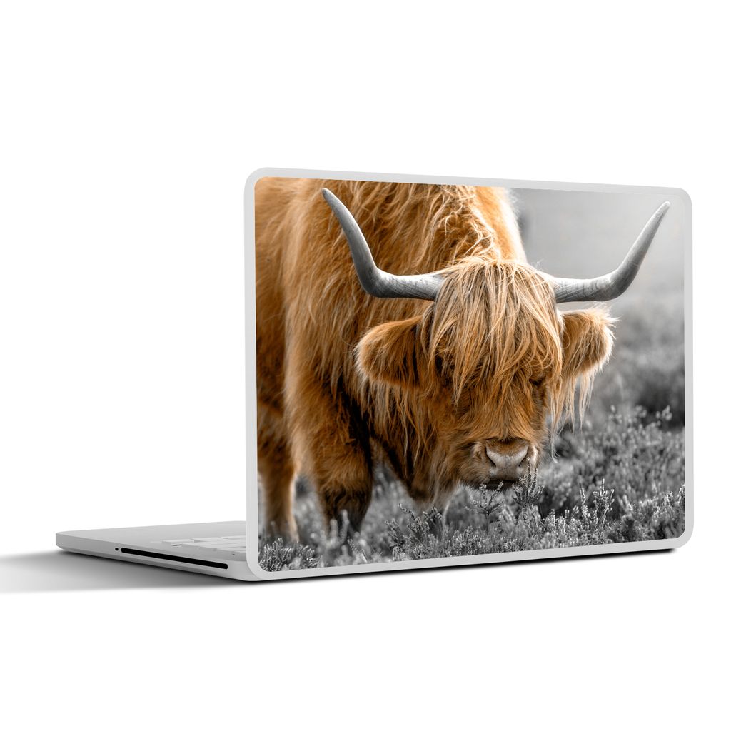 MuchoWow Laptop Aufkleber Sticker Cover Schottischer Highlander - Blumen - Kuh 30x21 cm - Sticker für Laptop - Selbstklebend