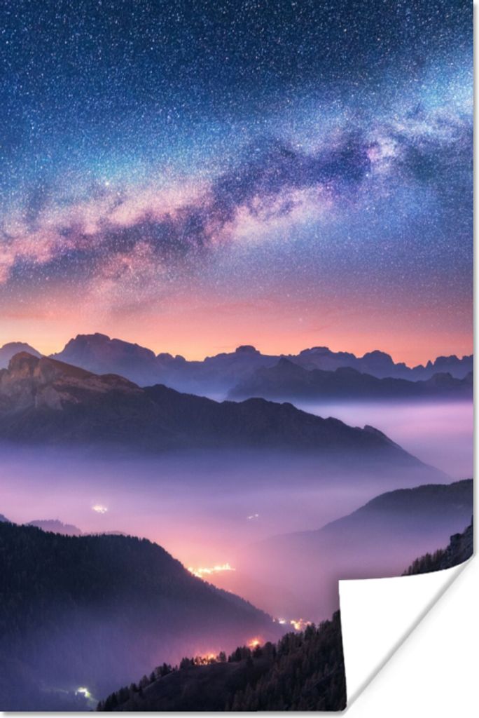 MuchoWow Poster Berge - Sternenhimmel - Nebel 80x120 cm - Papierdruck