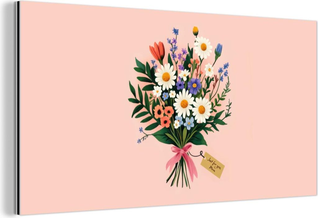 MuchoWow Wanddekoration Metall Metallbild Wandkunst 120x60 cm Gänseblümchen - Blumenstrauß - Schleife - Rosa MuchoWow Aluminium Gemälde - Metal...