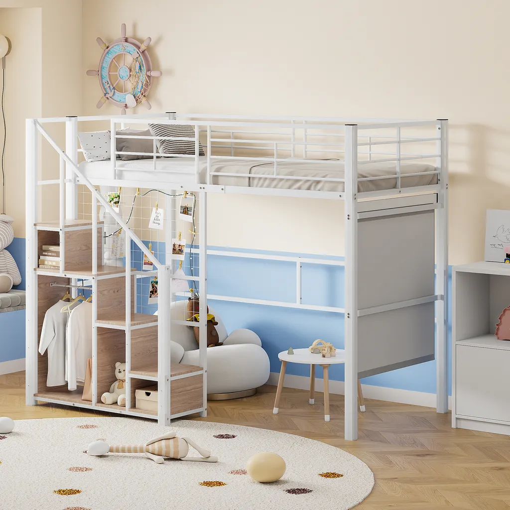 Lit Superposé 90x200 avec Escalier de Rangement et Garde-corps en Métal Blanc