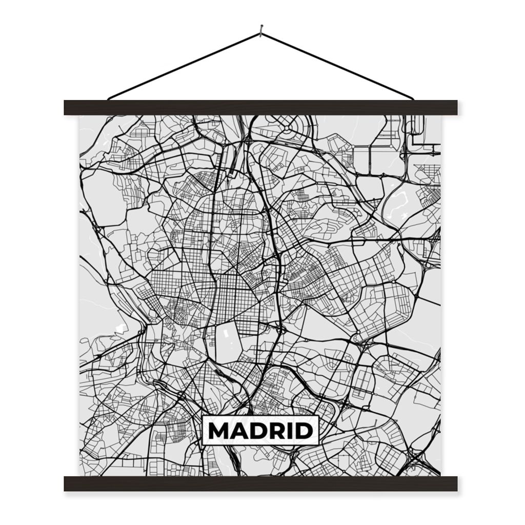 MuchoWow Textilposter Madrid - Schwarz und weiß - Stadtplan - Karte 90x90 cm mit schwarzem Rahmen - Magnetisches