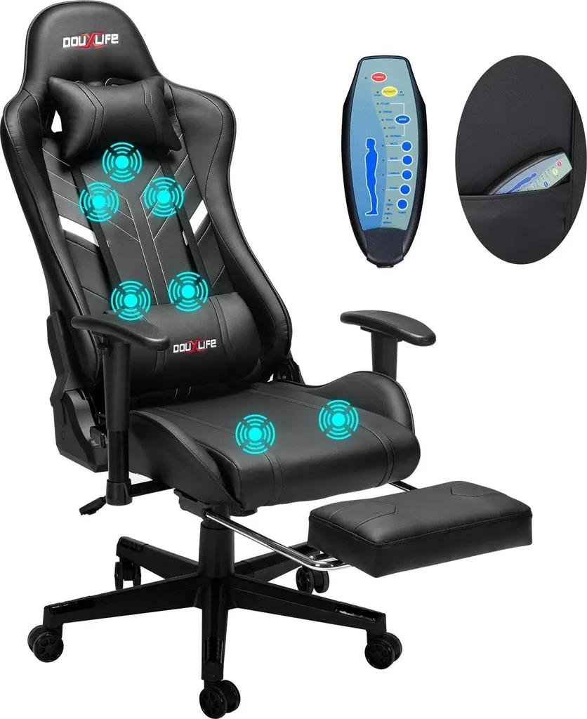 Chaise de jeu contre le mal de dos ergonomique et massante en noir