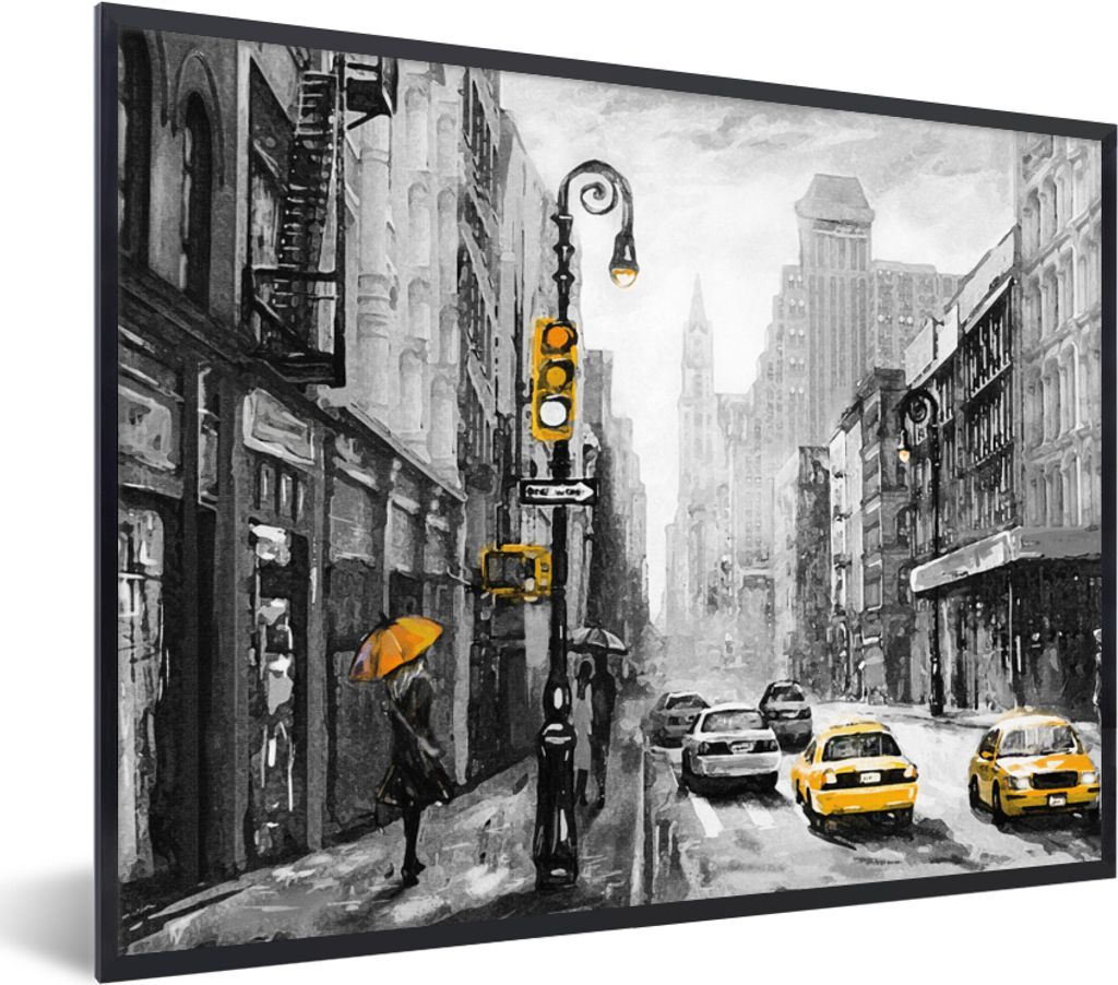 MuchoWow Gerahmtes Poster Gemälde - Ölfarbe - Stadt - Auto 40x30 cm - Poster mit Schwarzem Bilderrahmen Wandposter Rahmen Foto Bilder - Kunstpo...