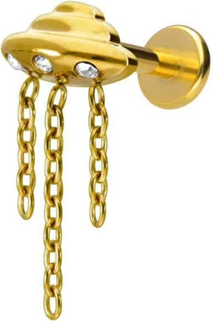 Ohrpiercing, Nasenpiercing Titan Labret mit Innengewinde UFO + KETTE + KRISTALLE Gold Stablänge: 7mm | Stabstärke: 1,2mm