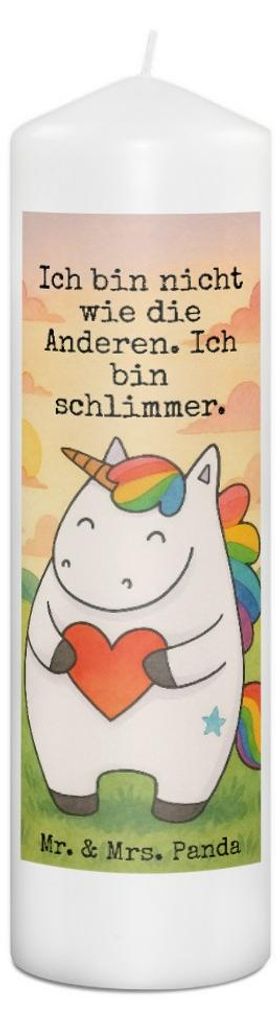 Mr. & Mrs. Panda Kerze Einhorn Herz Design 29 x 8 cm XL - Weiß - Geschenk, Freundin, Deko, Bunt, Stumpenkerze, Erinnerungskerze, Erinnerungslicht,...