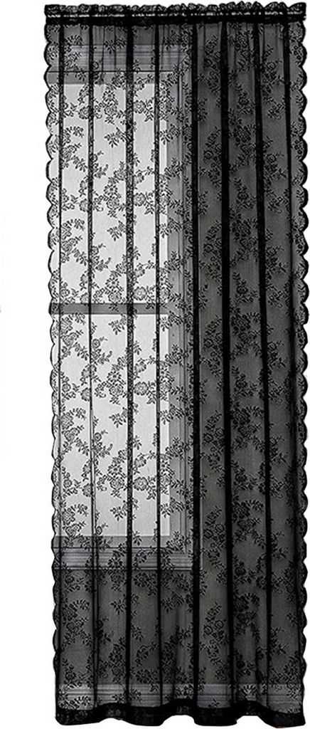 Spitzenvorhang, gute Luftdurchlässigkeit, Sonnenschutz, extra weich, staubdicht, waschbar, dekorativ, reißfest, mit Blumenmuster, schwarzer Spitz...