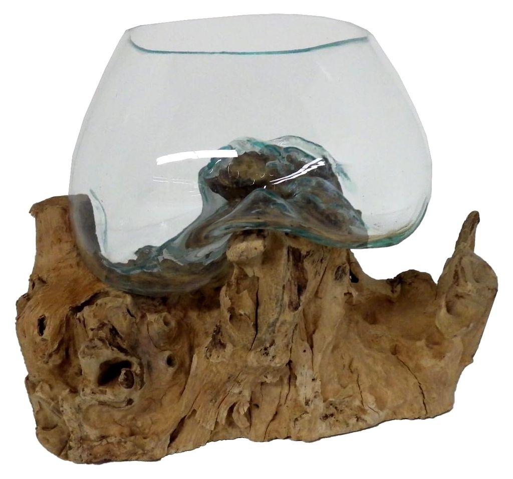 Glas auf Teak 2835 Geschenkidee Durchmesser ca. 12-20 cm Wurzelholz mundgeblasen