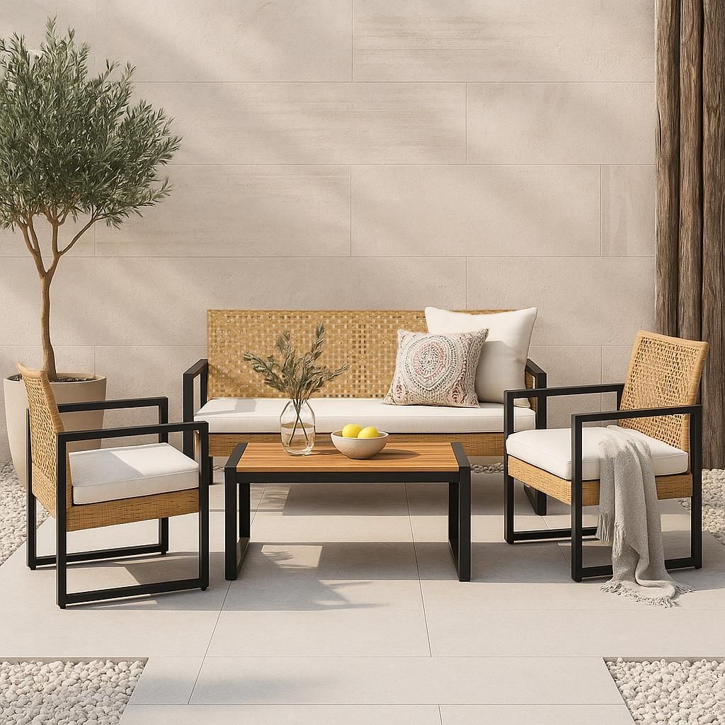 An outdoor patio set with a sofa, two chairs, and a coffee table, set against a tiled wall and a potted plant.