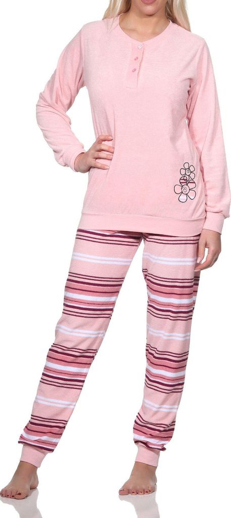 Normann Damen Frottee Schlafanzug lang mit Bündchen - Hose gestreift - auch in Übergröße ; rosa , 44-46