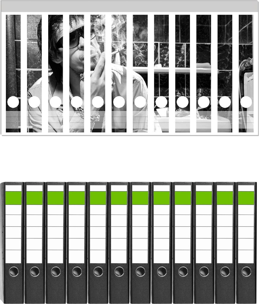 Wallario 12 Stück schmale Ordner inkl. Klebeetiketten mit Motive Kloparty - Sexy Mann auf Toilette mit Zigarette SW - Set mit Rückenschildern / ...