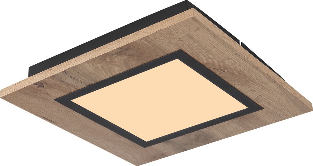 A square ceiling light with a wood-grain effect frame and a black inner border around a lit panel.