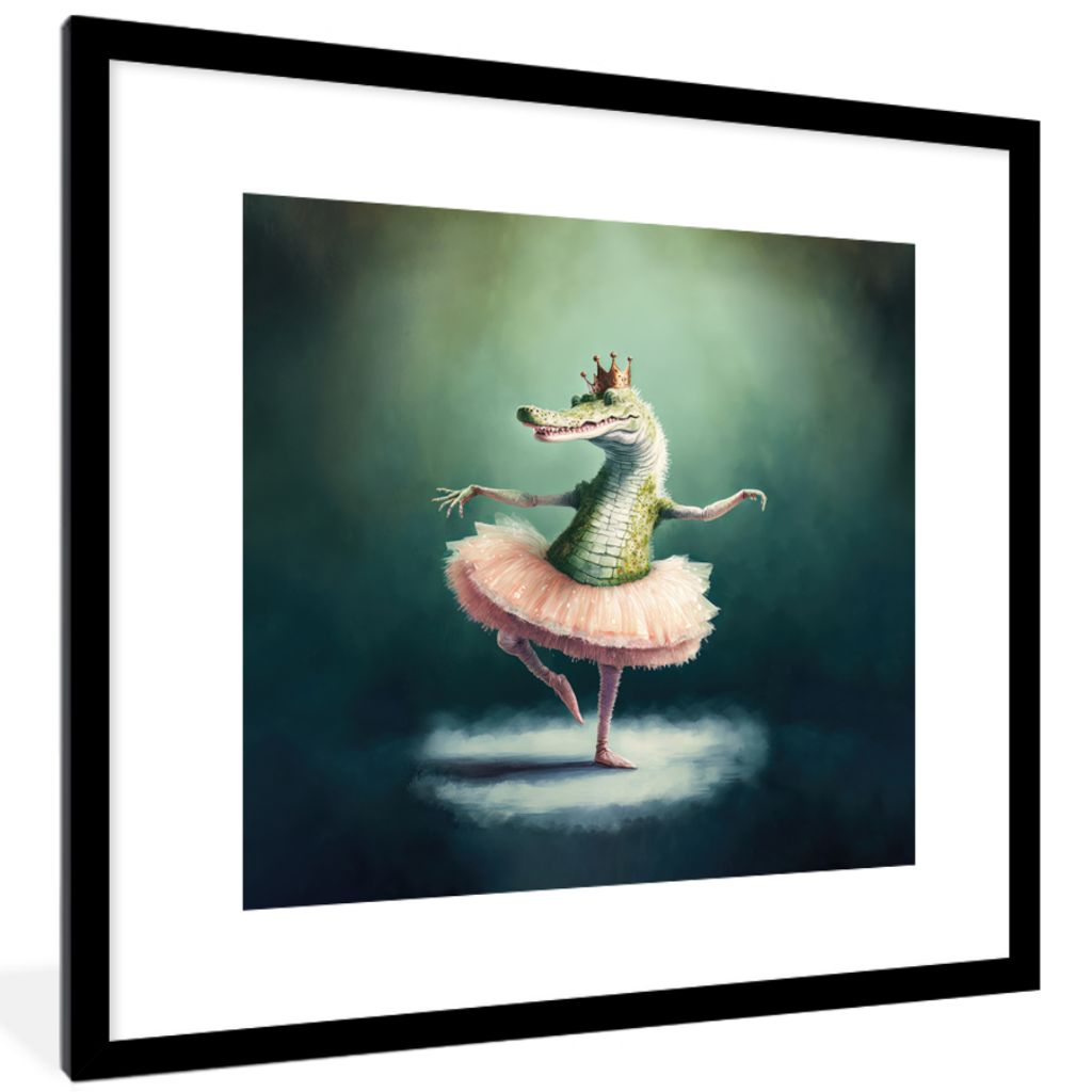 MuchoWow Gerahmtes Poster Krokodil - Krone - Gold - Ballett - Porträt 40x40 cm - Poster mit Schwarzem Bilderrahmen Wandposter Rahmen Foto Bilder...