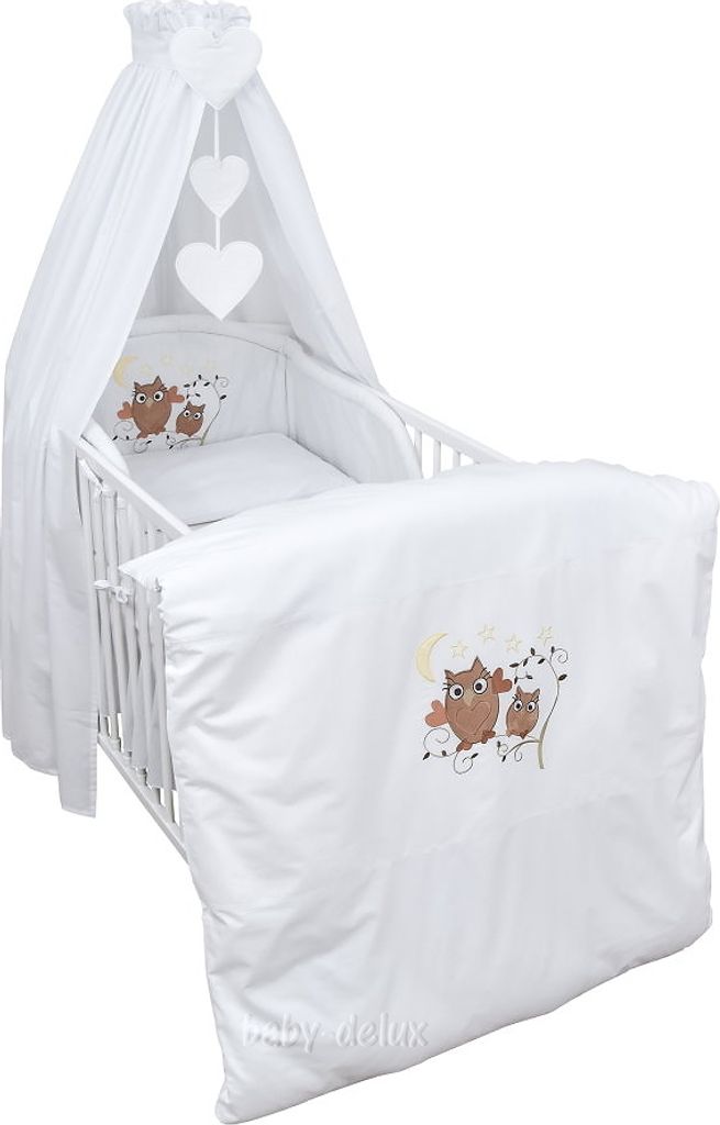 Baby Delux Baby Bettwäsche Bettset 4-tlg Bettausstattung Nestchen Vollstoffhimmel Eule Motiv Weiß