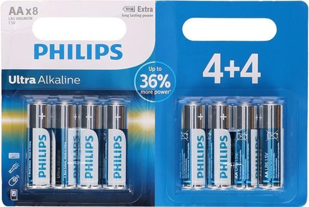 Piles Philips AA Ultra Alkaline LR6 1.5V Performance Longue Durée Pack 8
