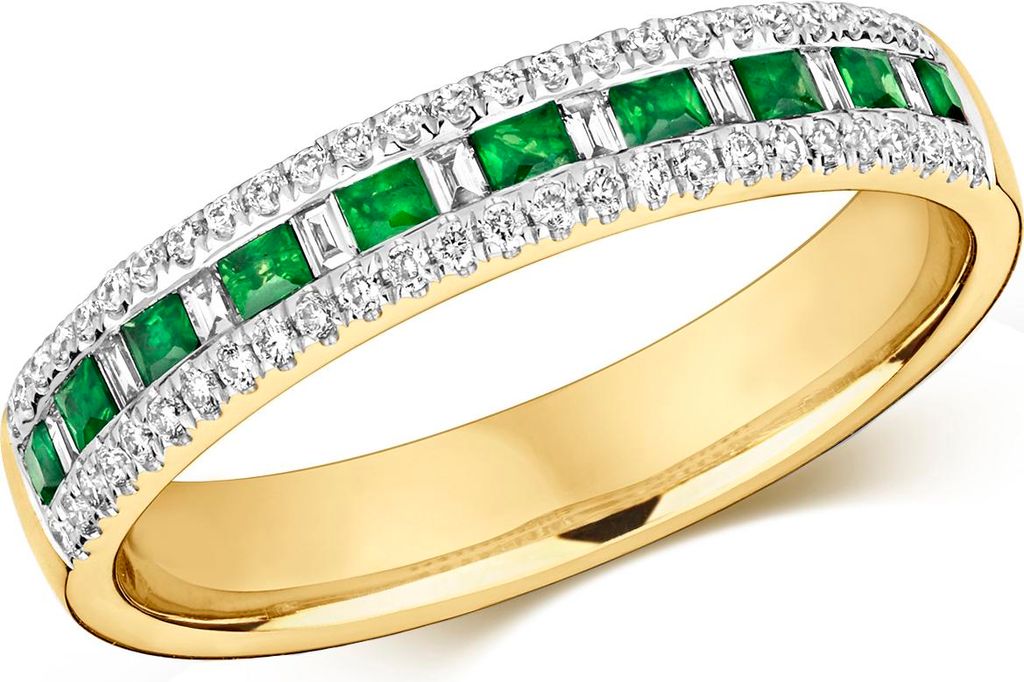 Exquisiter 9 Karat (375) Gold Halb Eternity Diamant Damenring Baguette-Schliff 0.21 Karat HI - I1 mit Smaragd, 54 (17.2); TRS291279KYRSN