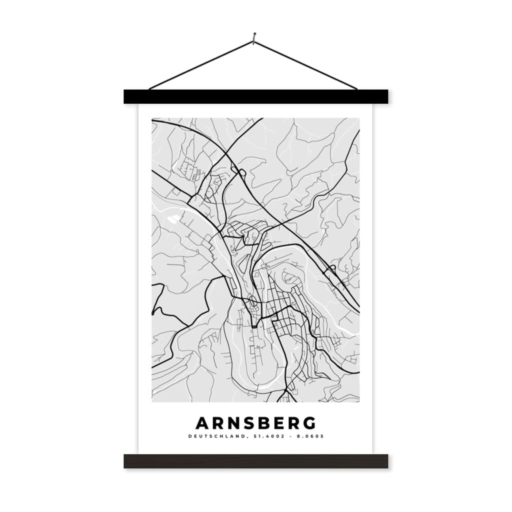 MuchoWow Textilposter Arnsberg - Karte - Stadtplan - Deutschland - Karte 60x90 cm mit schwarzem Rahmen - Poster Wohnzimmer