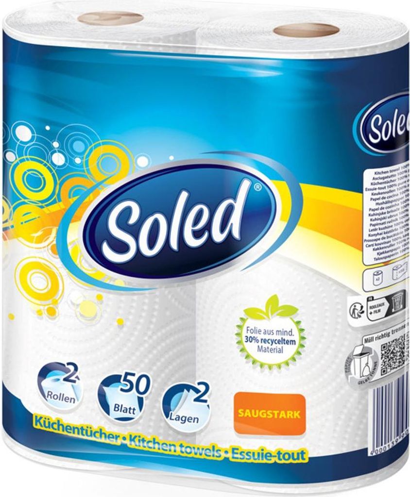 SOLED Küchenrollen 2-lagig 2x50 Blatt | 12 Packungen | saugstarke & reißfeste Haushaltsrollen für Küche, Putzen, Haushalt & vielseitige Anwendu...