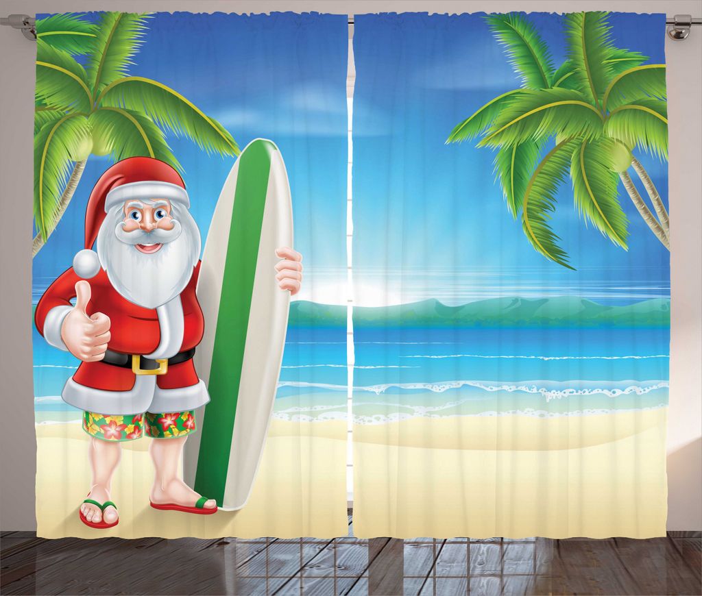 ABAKUHAUS Weihnachten Rustikaler Vorhang, Sankt mit Surfbrett, Wohnzimmer Universalband Gardinen mit Schlaufen und Haken, 280 x 245 cm, Blau Grün