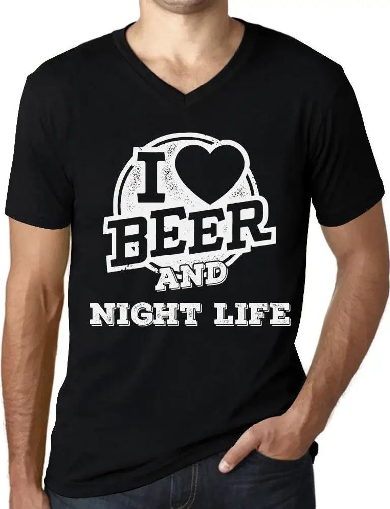 Herren Grafik T-Shirt V-Ausschnitt Ich liebe Bier und das Nachtleben – I Love Beer And Night Life – Öko-Verantwortlich Vintage Jahrgang Kurzarm