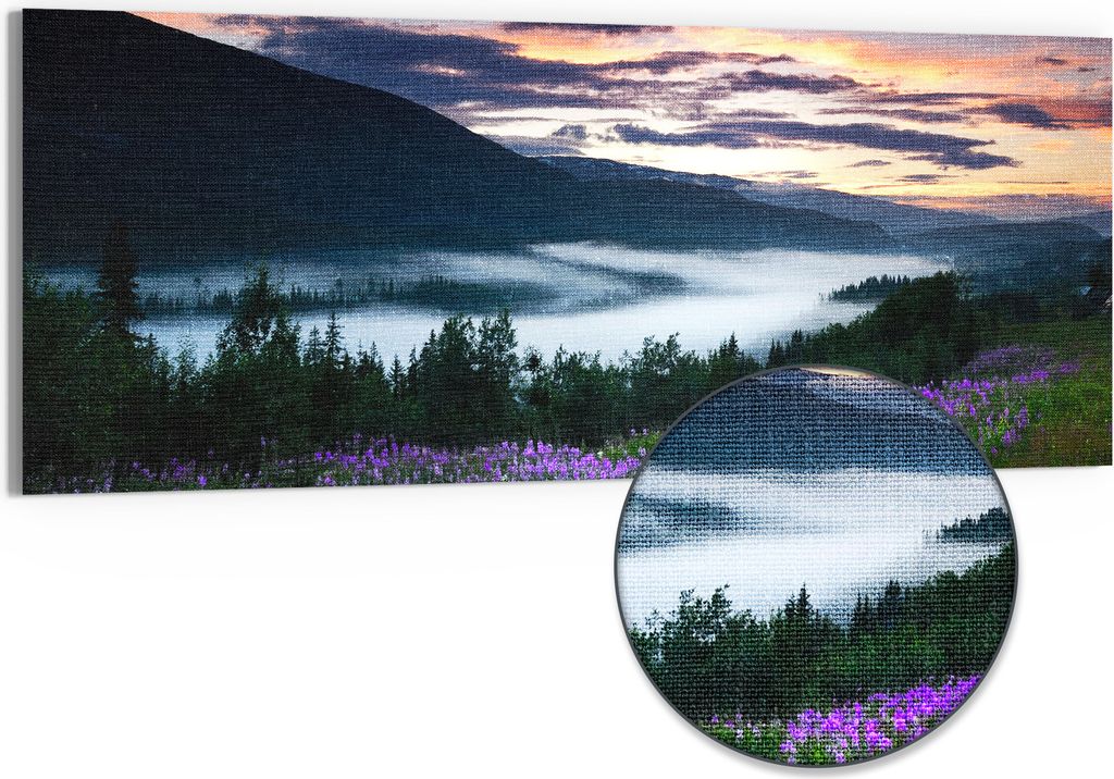 DEQORI Hybrid Leinwand Bild 125x50 cm 'Nebelhauch am Morgen' Wandbild Glas flach modern