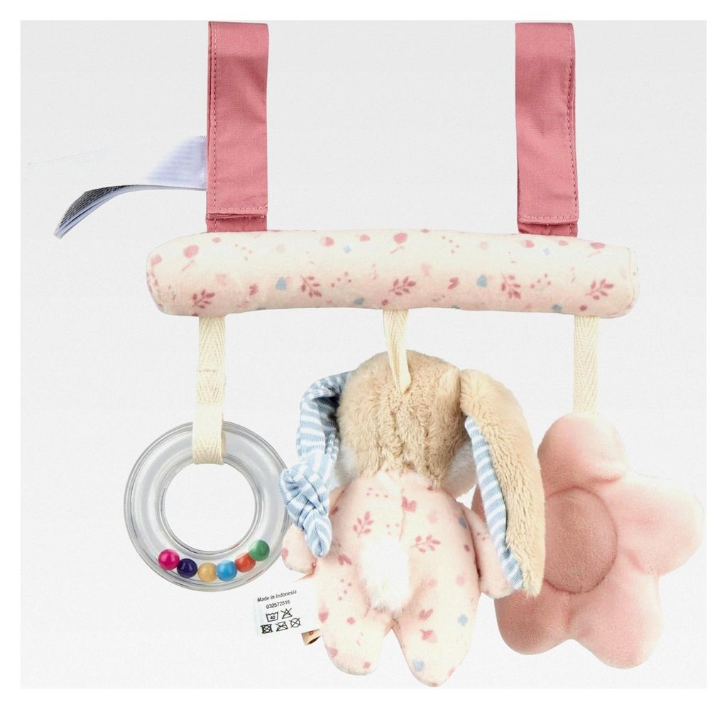 Hängespielzeug Hase Hanni - Spielzeug für Babyschale mit Klettverschluss - weiches Activity-Spielzeug mit Greifring, Rassel und Spiegelfolie - Ge...