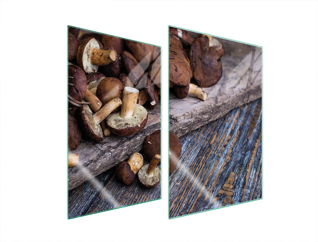 Coprifornelli Vetro 35x52 Set 2 Pezzi Design Funghi Porcini e Legno