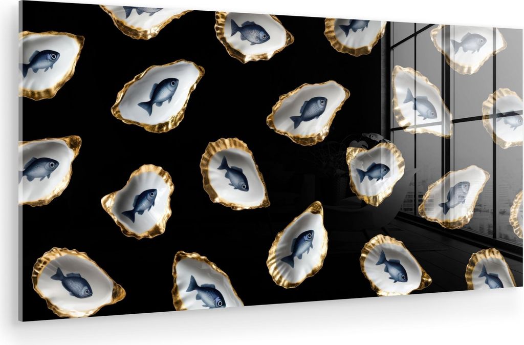 MuchoWow Glasbilder - Bilder auf Wandbild - Foto auf Glas Austern - Fisch - Blau - Gold 80x40 cm Wanddekoration aus Glas - Acrylglasbild - Acrylbil...