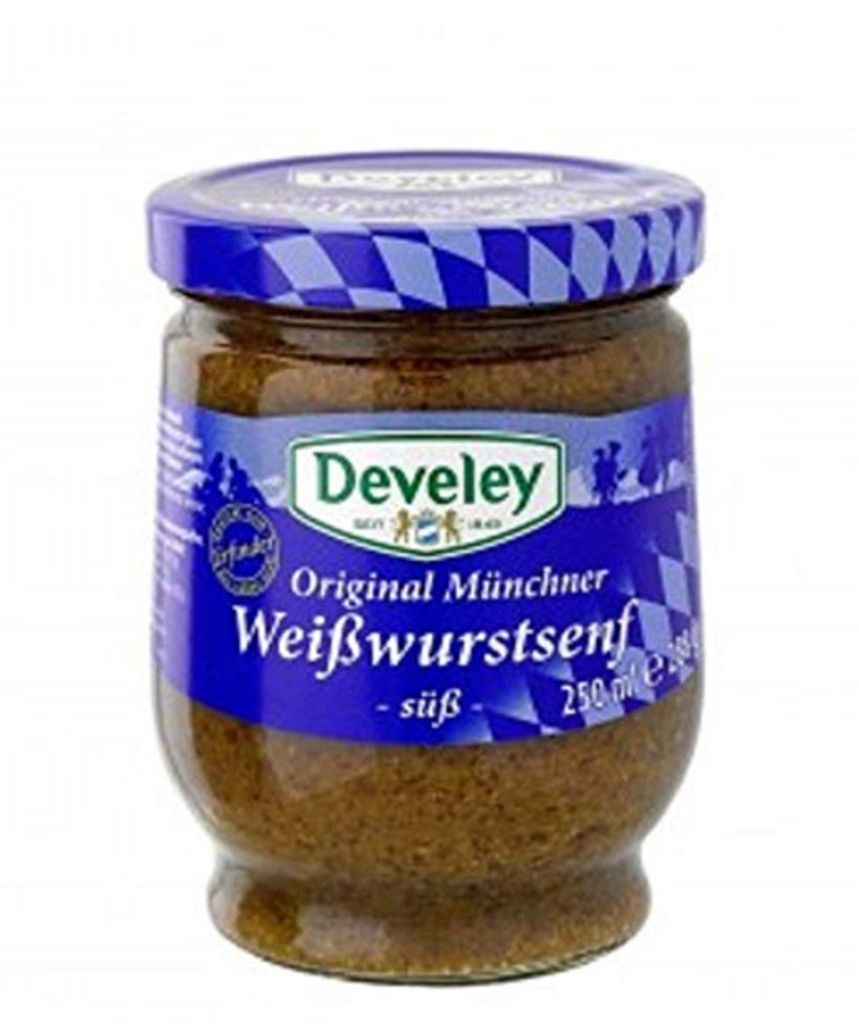 A jar of Develey Original Münchner Weißwurstsenf.