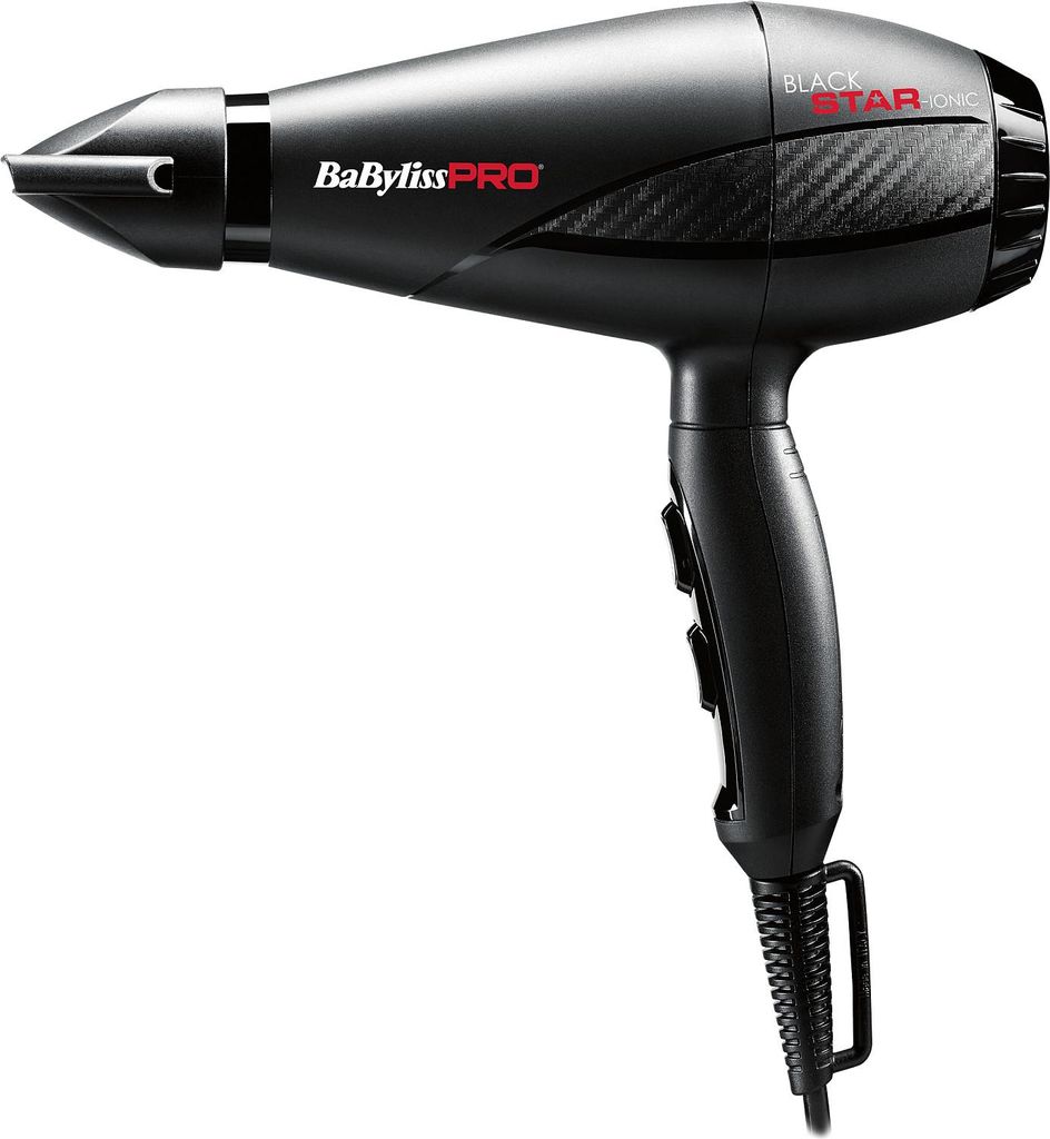 A black BaBylissPRO hair dryer is shown against a white background.