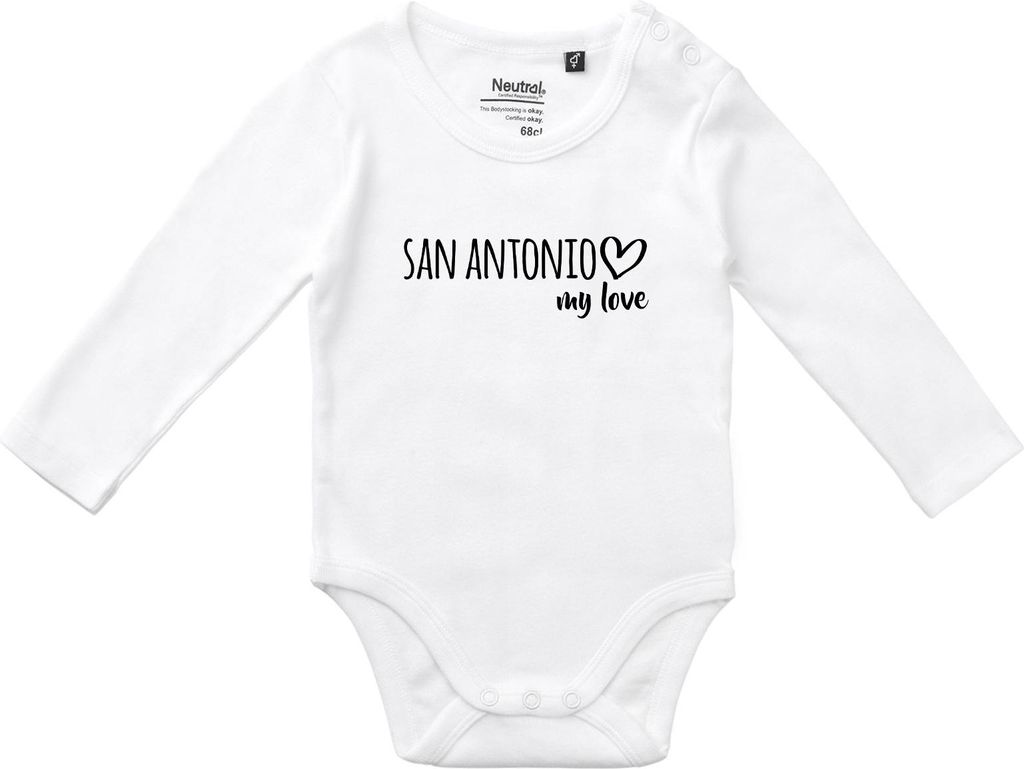 Huuraa Baby Body San Antonio my love 62 White Baumwolle Fairtrade Langarmbody Geschenkidee