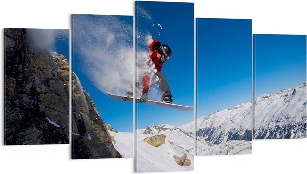 Bild auf Leinwand - Leinwandbild - Snowboard Winter Berg Gipfel - 160x85cm - Wand Bild - Wanddeko - Leinwanddruck - Bilder - Kunstdruck - Wanddekor...