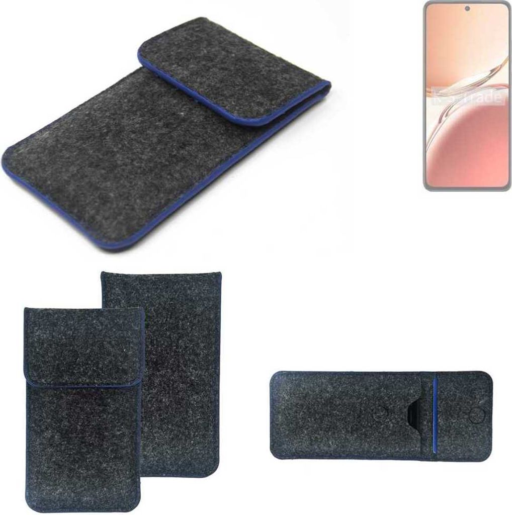 K-S-Trade Handy-Hülle Schutz-Hülle kompatibel mit Oppo Reno12 F 5G Filztasche Pouch Tasche Case Sleeve Filzhülle dunkelgrau, blauer Rand