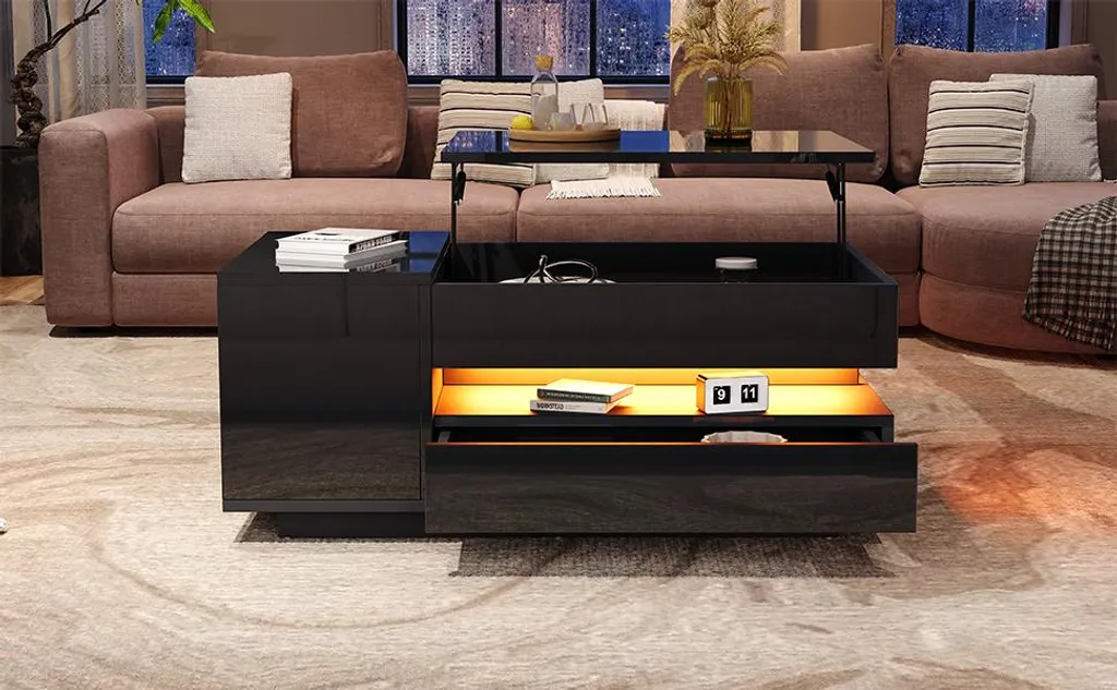 Table Basse Haute Brillance Relevable avec LED et Coffre de Rangement - 5