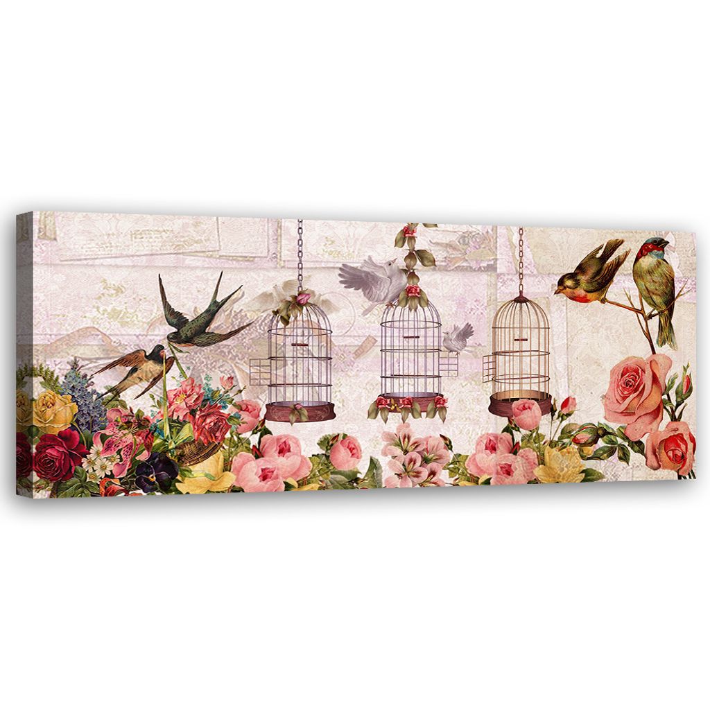 Leinwandbild Vögel und Blumen 150x50 Feeby Beige bild für die wand bereit zum aufhängen