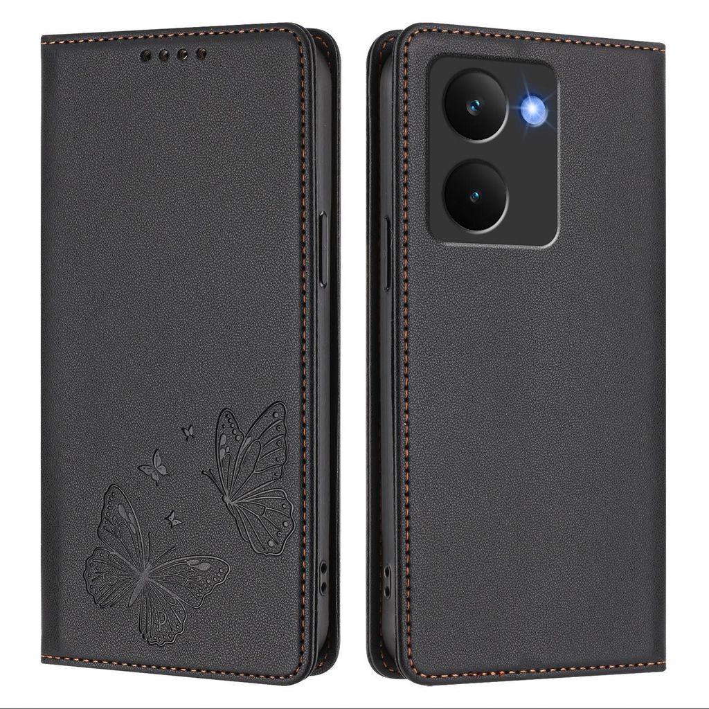 Lederhülle für Realme P3 Ultra, Schmetterling Prägung Leder Brieftasche Schutzhülle mit Ständer Schwarz