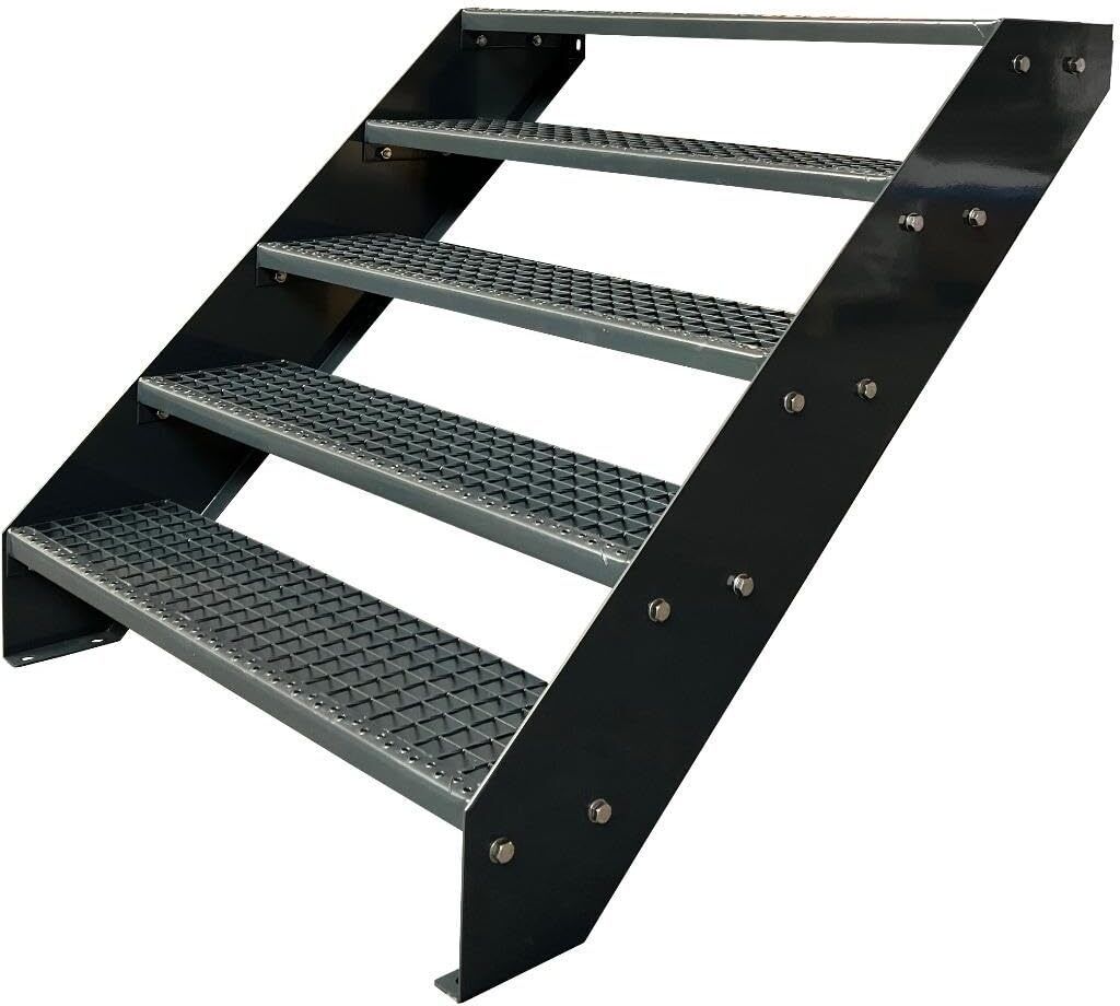 Gitterrost Stahl Wangentreppe 5 Stufen Verzinkt & Anthrazit Pulverlackiert - (L x B x H) 101cm x 120cm x 95cm
