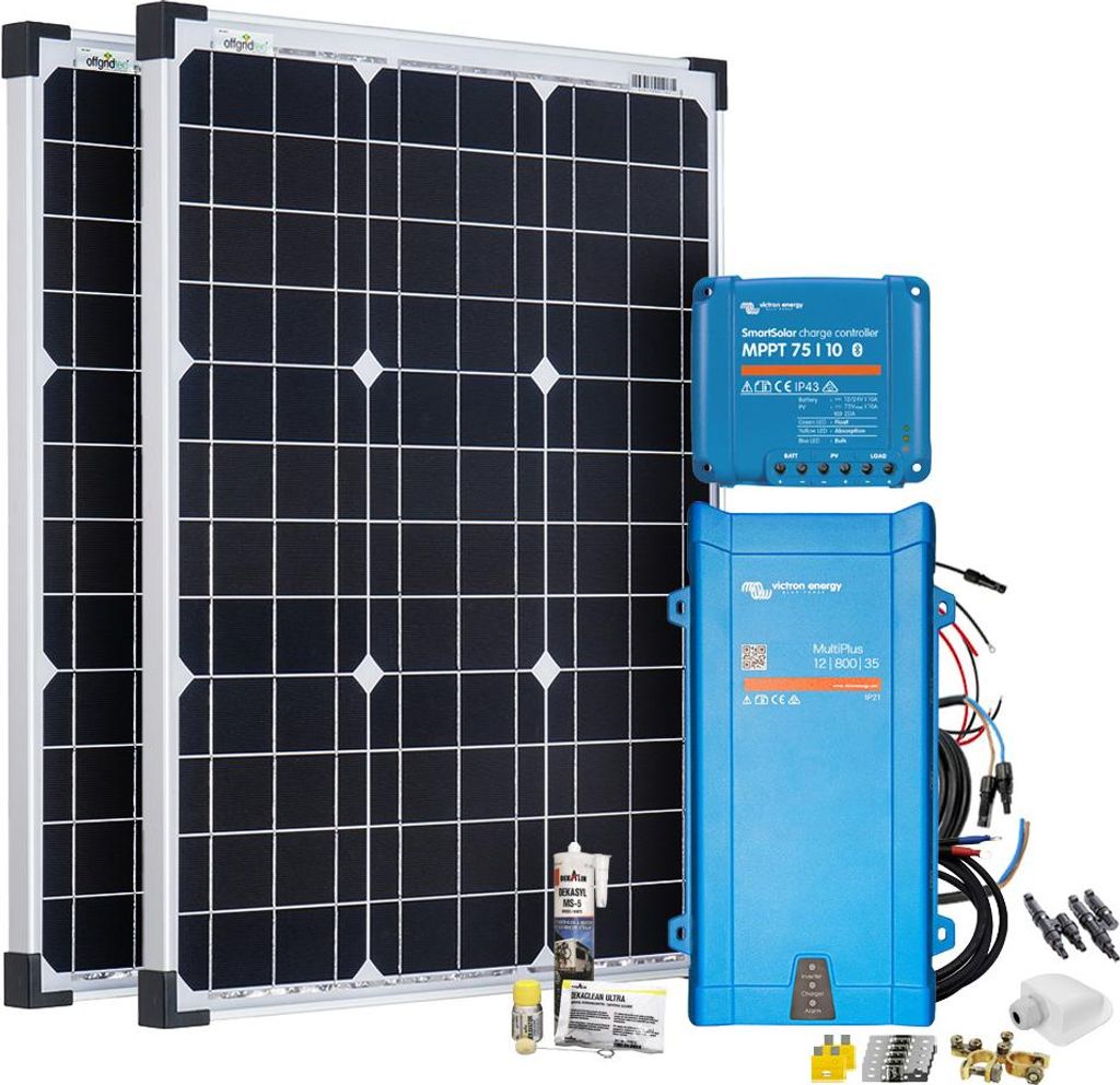 Offgridtec Mobil VeCore S 100W Wohnmobil Solaranlage inkl. MultiPlus12/800/35 Wechselrichter und Laderegler - weiß