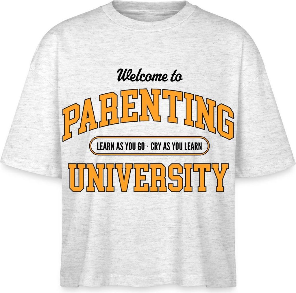 Spreadshirt Parenting University Lustiges Eltern Humor Motiv Boxy Shirt Damen, XS, Weiß meliert