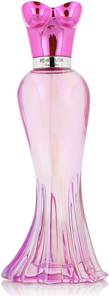 A pink perfume bottle shaped like a dress.